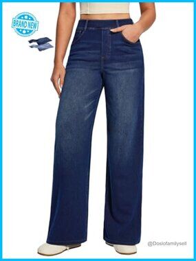 Tummy Control Pull On Wide Leg Jeans Stretchy Denim Work Pants